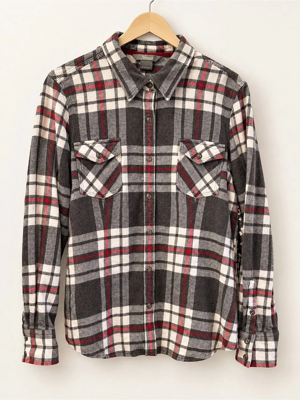 Natural Reflections Plaid Cotton Shirt in Gray, Red & White